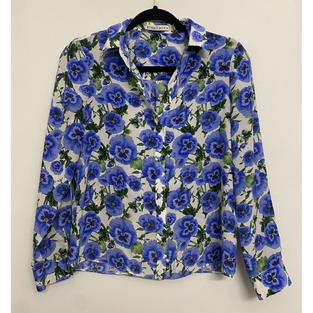 Alice + Olivia Eloise 100% Silk Pansy Floral Blouse Sz S Blue Button Down Office